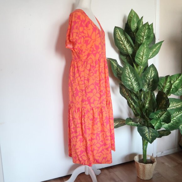 J.Crew Pink Orange Floral Print Cotton Midi Maxi Short Sleeve V-neck Dress 10 - Picture 5 of 14